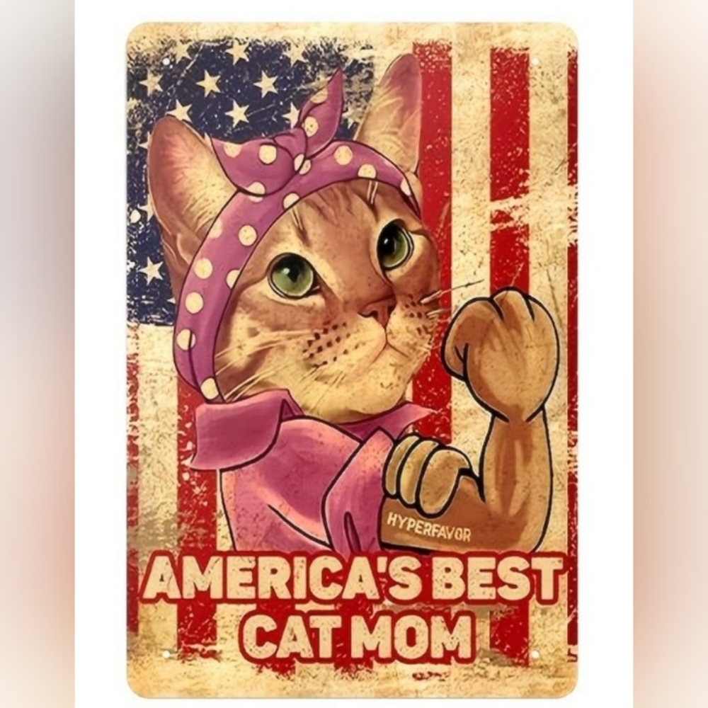 1pc Funny Cat Decor Metal Poster America's Best Cat Mom Retro Metal Tin Sign Vin